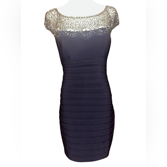 XScape Beaded Knee Length Bodycon Cocktail and Party Dress Sz 4 in Navy - Picture 2 of 12